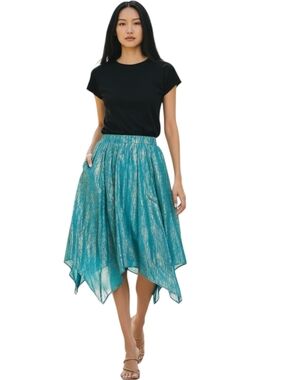 Nanette Lepore Teal Gold Metallic Midi Skirt Asymmetrical Festival Boho M NWT